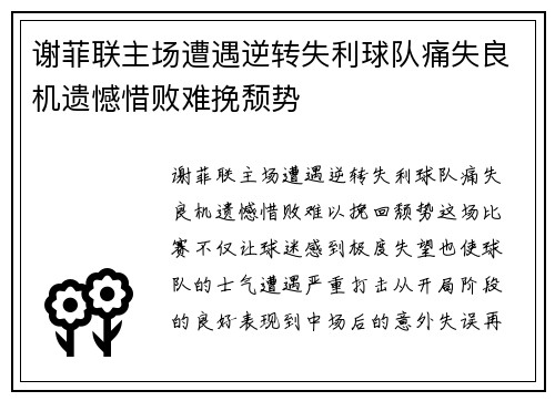 谢菲联主场遭遇逆转失利球队痛失良机遗憾惜败难挽颓势