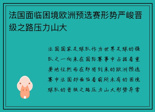 法国面临困境欧洲预选赛形势严峻晋级之路压力山大